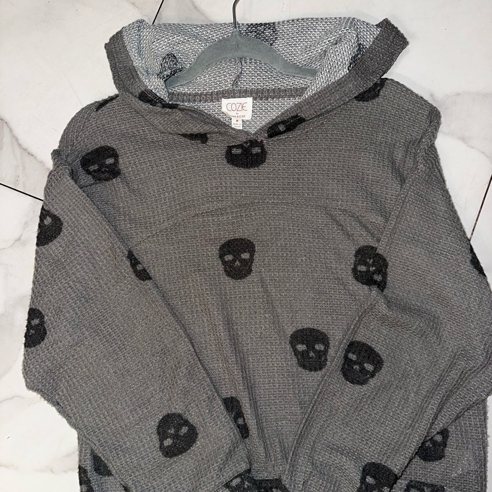 Pink Rose Gray Cowl Neck Sweater with Skull Pattern